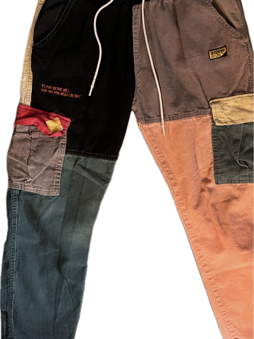 Stussy Colorblock Corduroy Cargo Pants - Black, Teal, Gray, Peach, Red Patchwork